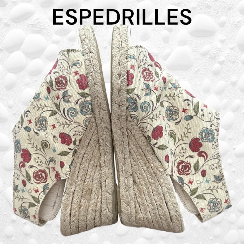 ESPEDRILLES FLORAL CANVAS Peep-toe Cut-out back.  Size 8 1/2 (41) Euro